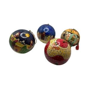 4 Hand Painted Christmas Ornaments - Paper Mache - Made In India
